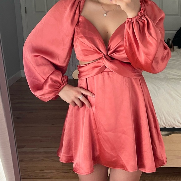 FREE PEOPLE — JUSTIN SATIN CUT OUT MINI DRESS IN CORAL, US M, ORIGINALLY $298 - Picture 3 of 16